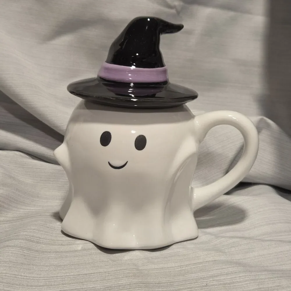 NEW Hyde and Eek Halloween White 3D Figural Ghost Mug w/Black Witch Hat Lid